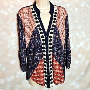 BKE | Patchwork and Embroidered Button Up Knit Top